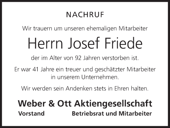 Anzeige von Josef Friede von MGO