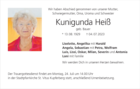 Anzeige von Kunigunda Heiß von MGO