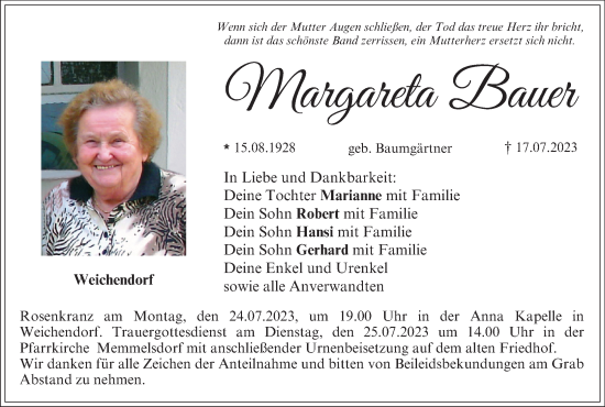 Anzeige von Margareta Bauer von MGO