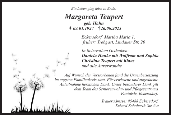 Anzeige von Margareta Teupert von MGO