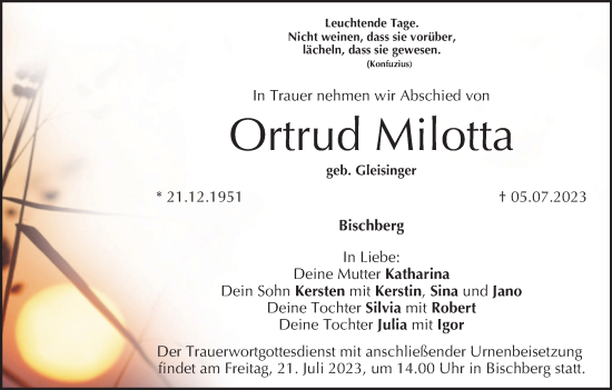 Anzeige von Ortrud Milotta von MGO