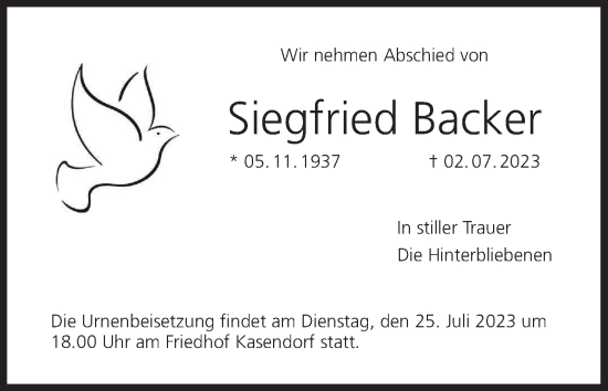 Anzeige von Siegfried Backer von MGO