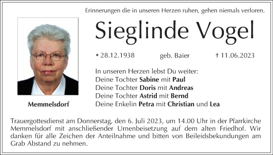 Anzeige von Sieglinde Vogel von MGO