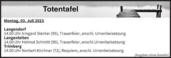 Anzeige von Totentafel vom 03.07.2023 von MGO