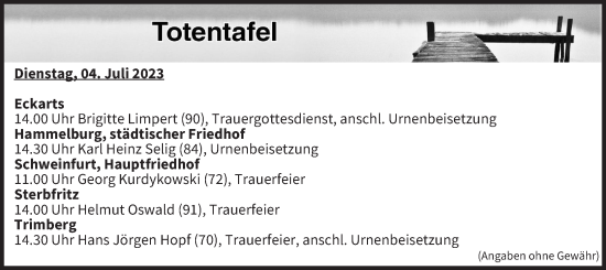 Anzeige von Totentafel vom 04.07.2023 von MGO