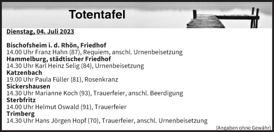 Anzeige von Totentafel vom 05.07.2023 von MGO