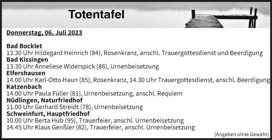 Anzeige von Totentafel vom 06.07.2023 von MGO