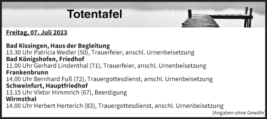 Anzeige von Totentafel vom 07.07.2023 von MGO