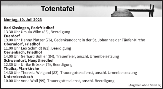 Anzeige von Totentafel vom 10.07.2023 von MGO