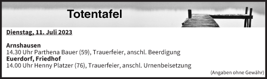 Anzeige von Totentafel vom 11.07.2023 von MGO