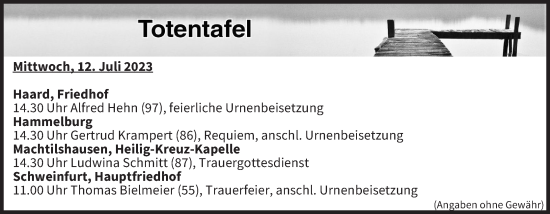 Anzeige von Totentafel vom 12.07.2023 von MGO