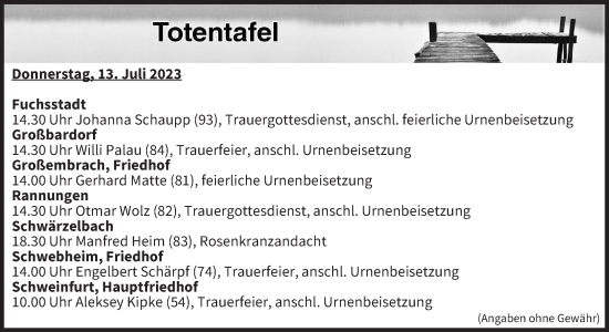 Anzeige von Totentafel vom 13.07.2023 von MGO