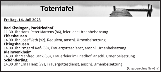 Anzeige von Totentafel vom 14.07.2023 von MGO