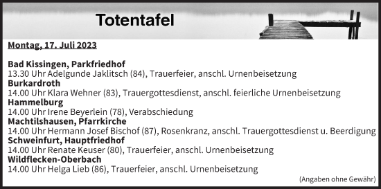 Anzeige von Totentafel vom 17.07.2023 von MGO