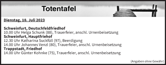 Anzeige von Totentafel vom 18.07.2023 von MGO