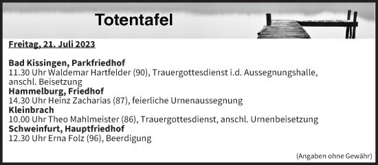 Anzeige von Totentafel vom 21.07.2023 von MGO