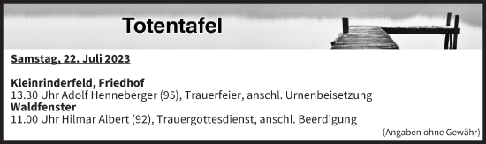 Anzeige von Totentafel vom 22.07.2023 von MGO