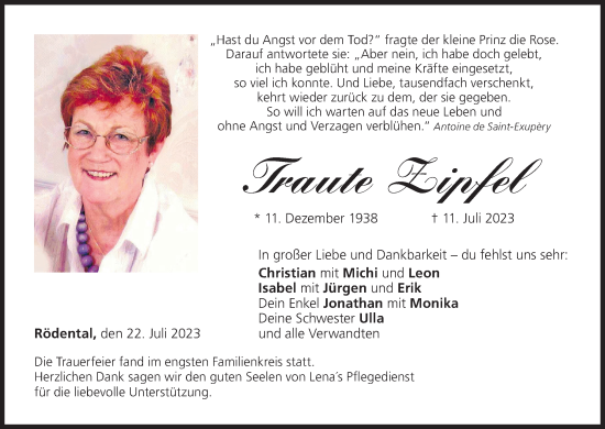 Anzeige von Traute Zipfel von MGO
