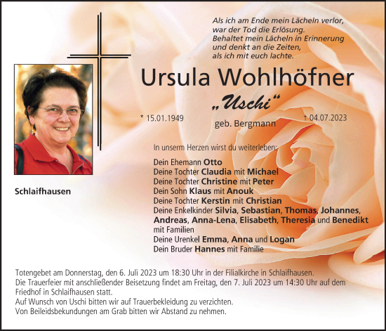 Anzeige von Ursula Wohlhäfner von MGO