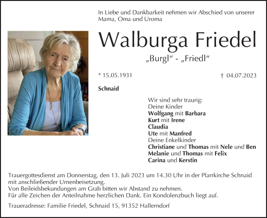 Anzeige von Walburga Friedel von MGO