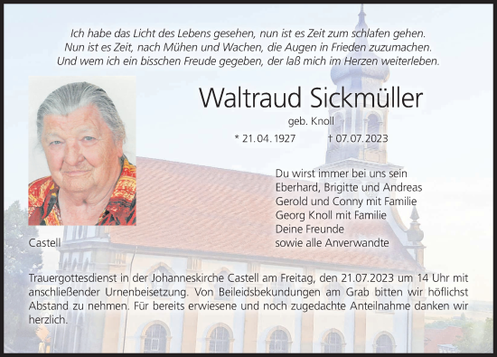 Anzeige von Waltraud Sickmüller von MGO