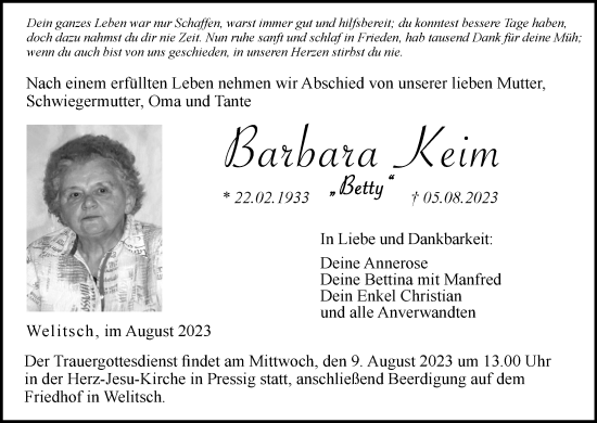 Anzeige von Barbara Keim von MGO