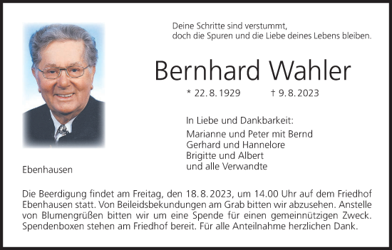 Anzeige von Bernhard Wahler von MGO