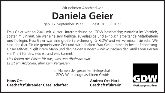 Anzeige von Daniela Geier von MGO