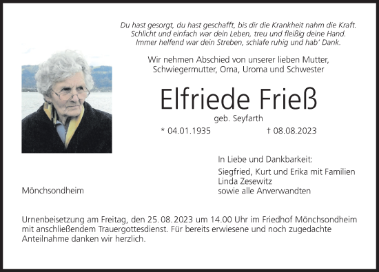Anzeige von Elfriede Frieß von MGO