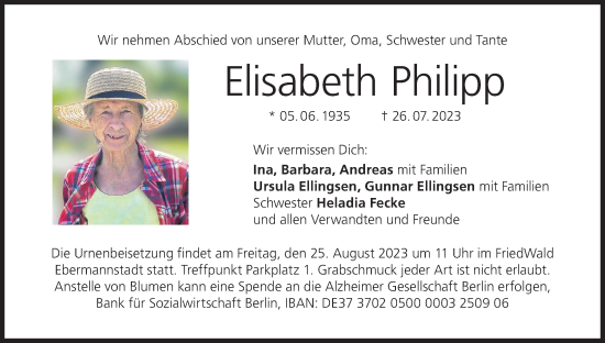 Anzeige von Elisabeth Philipp von MGO