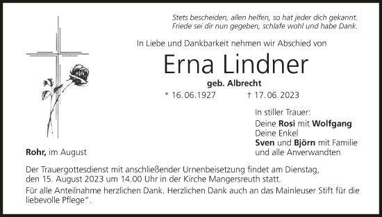 Anzeige von Erna Lindner von MGO