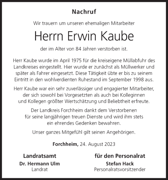 Anzeige von Erwin Kaube von MGO