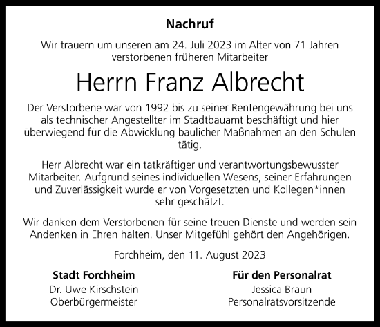 Anzeige von Franz Albrecht von MGO