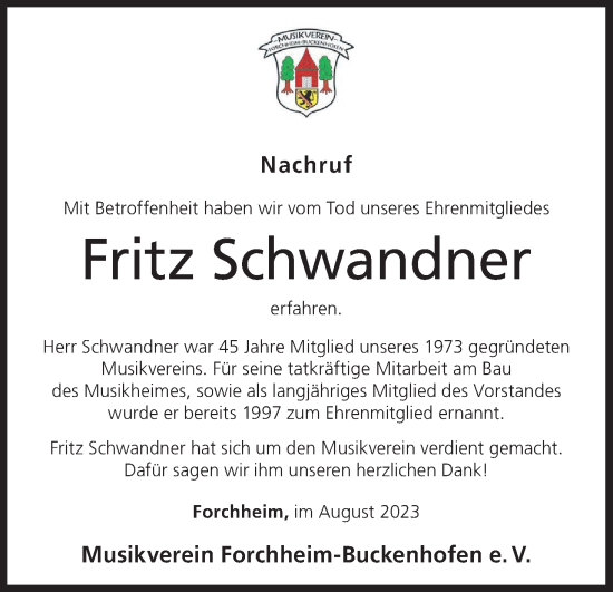 Anzeige von Fritz Schwandner von MGO