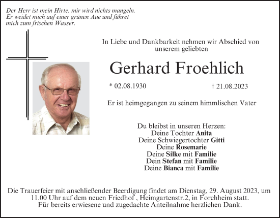 Anzeige von Gerhard Froehlich von MGO