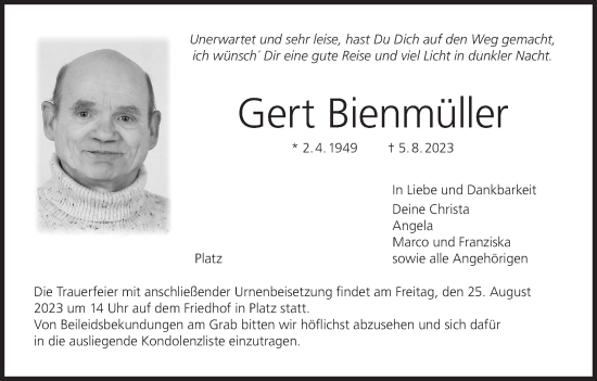 Anzeige von Gert Bienmüller von MGO