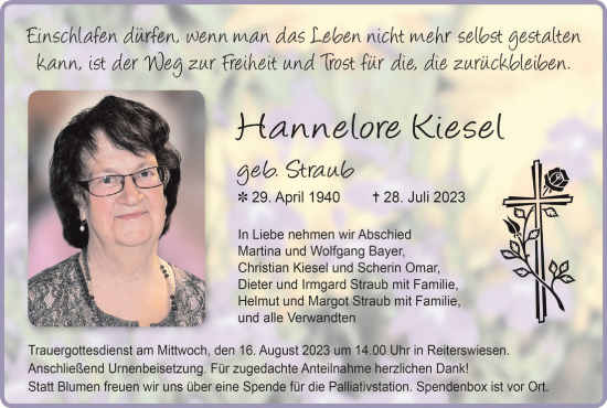Anzeige von Hannlore Kiesel von MGO
