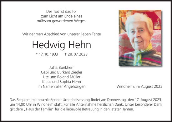 Anzeige von Hedwig Hehn von MGO