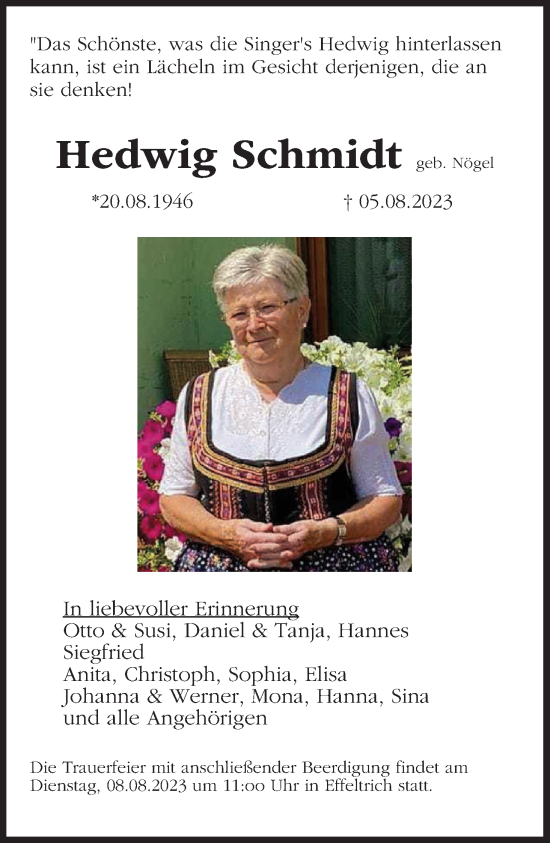 Anzeige von Hedwig Schmidt von MGO