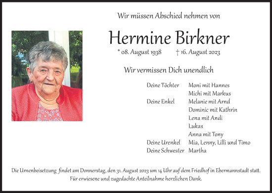 Anzeige von Hermine Birkner von MGO