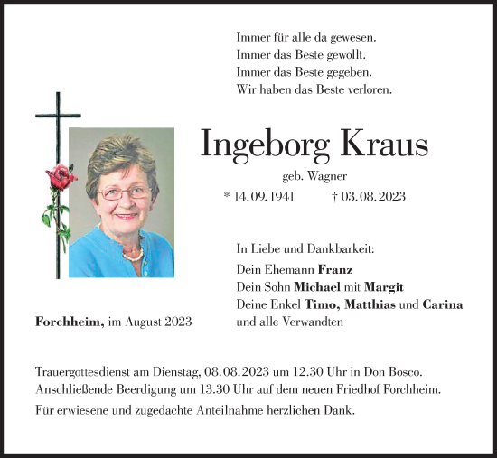 Anzeige von Ingeborg Kraus von MGO
