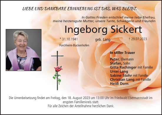 Anzeige von Ingeborg Sickert von MGO