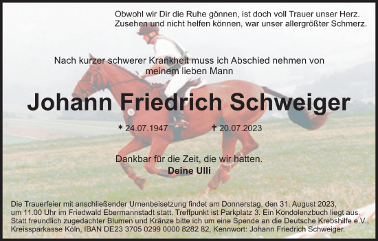 Anzeige von Johann Friedrich Schweiger von MGO