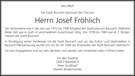 Anzeige von Josef Fröhlich von MGO