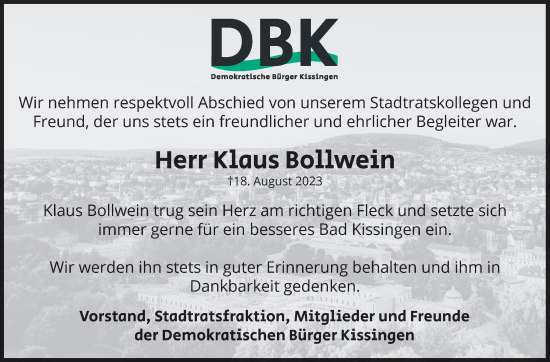 Anzeige von Klaus Bollwein von MGO
