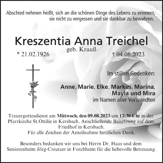 Anzeige von Kreszentia Anna Treichel von MGO