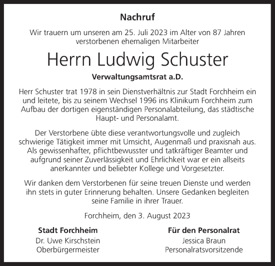 Anzeige von Ludwig Schuster von MGO