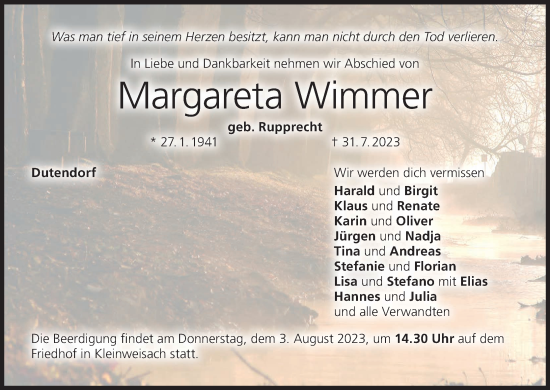 Anzeige von Margareta Wimmer von MGO
