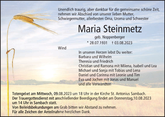 Anzeige von Maria Steinmetz von MGO