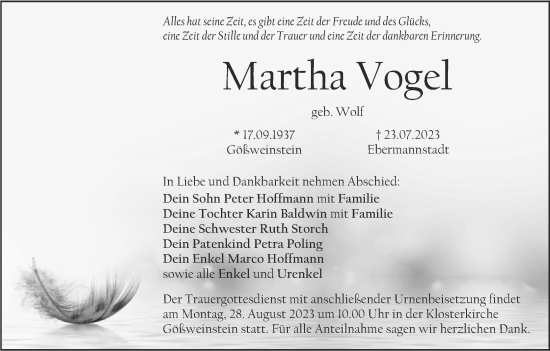 Anzeige von Martha Vogel von MGO